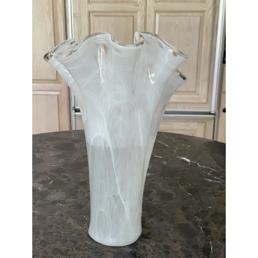 Vintage Murano Art Glass Whit Swirl & Copper Flecks Handkerchief Vase MCM Italy